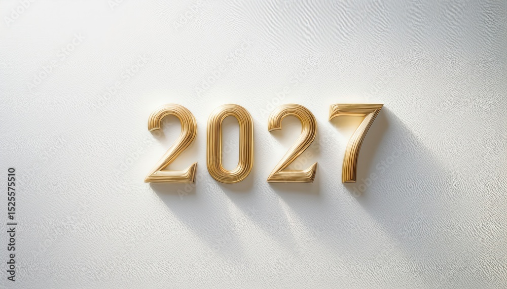 Aufkleber elegant 2027 gold number typography with layered metallic texture and soft shadows on white textured