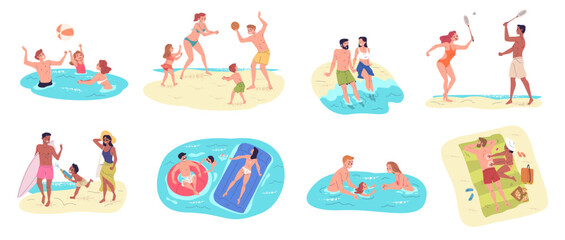 Family beach activities. People summertime scenes, couple children rest summer vacation kid swim sea play on sand sitting picnic, tourist ocean travel classy vector illustration