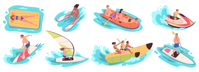 People water activities. Man woman sea beach activity leisure, extreme sport surf sail board boat ski watersport banana swimming summer vacation holiday, classy vector illustration