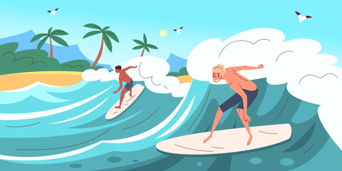 Professional surfer on wave. Man on surf board ride ocean wave, sea surfing water surfboard sport activity summer vacation beach palms cartoon landscape, classy vector illustration