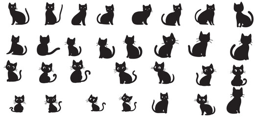 Obraz premium Various black cat silhouettes in different poses on a white background illustration