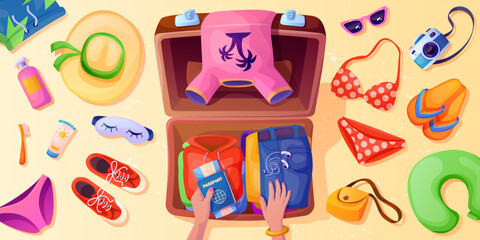 Suitcases clothes packing. Travel bag pack top view, tourist hands prepare essentials in suitcase summer vacation trip journey passport shoes, cartoon swanky vector illustration