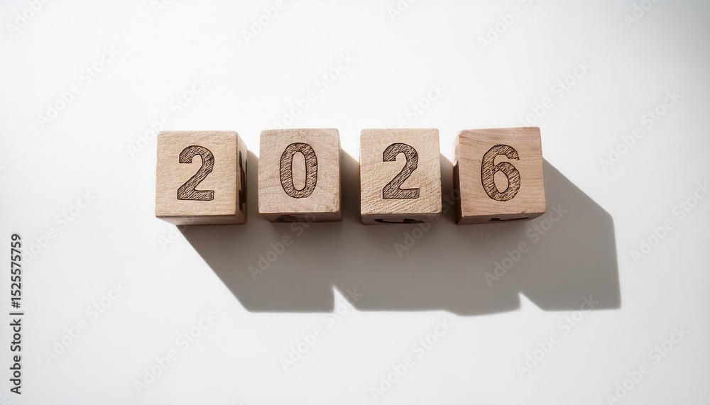 Poster natural wood block number 2026 on white textured background with long soft shadow in morning light f