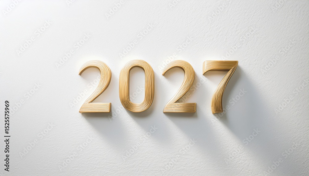 Poster elegant 2027 gold number typography with layered metallic texture and soft shadows on white textured wall background for calendar, branding, header, or digital greeting card design


