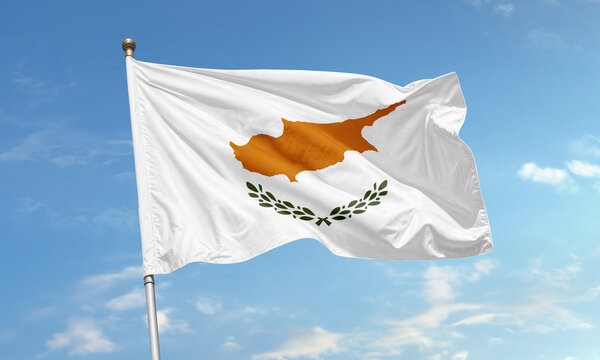 Cyprus national flag with island map and olive branches waving