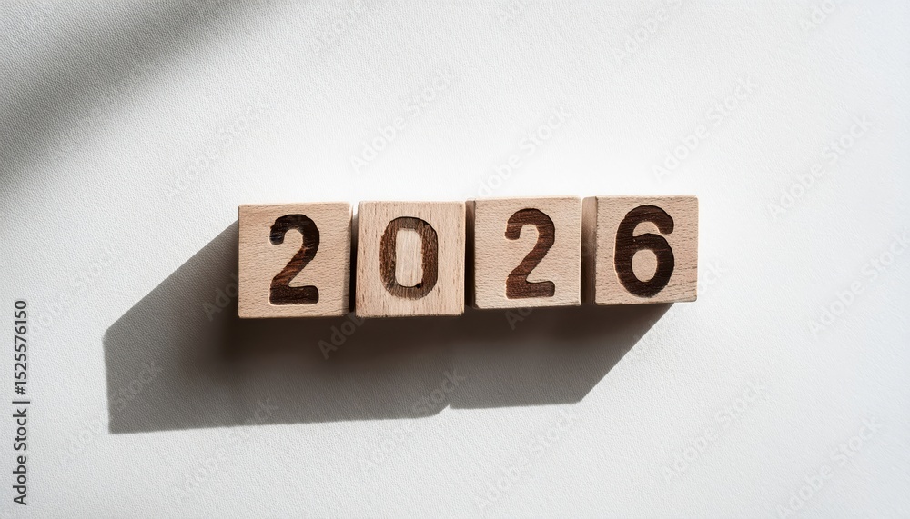 Poster natural wood block number 2026 on white textured background with long soft shadow in morning light f