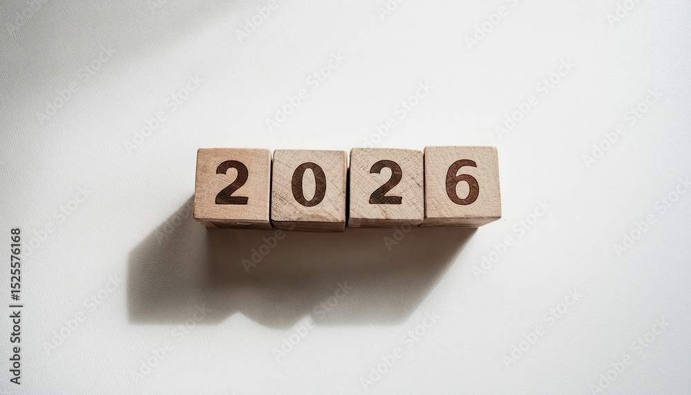 Poster natural wood block number 2026 on white textured background with long soft shadow in morning light f