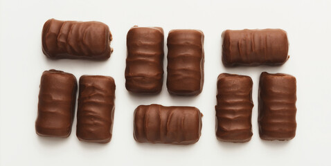 Chocolate candies isolated on white background, top view, cutout