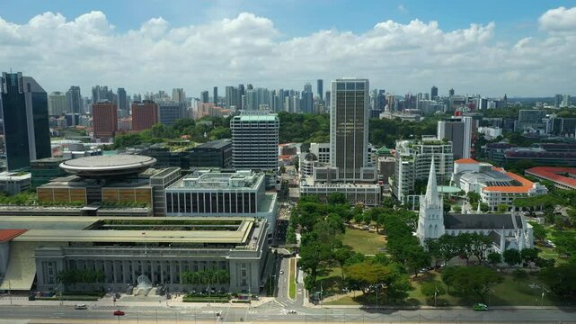 sunny day flight over singapore city museum area church square aerial panorama 4k 