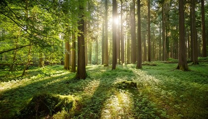 Obraz premium sunlight dappled forest floor tall trees peaceful scene serene still