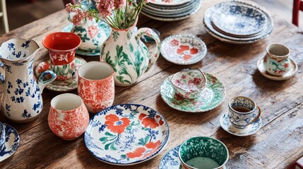 Vibrant Hand-Painted Pottery Collection on Rustic Wooden Table
