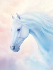 Naklejka premium Serene pastel blue horse in dreamy clouds 