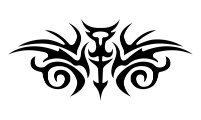 Black tribal tattoo vector ornament with symmetrical abstract swirls and sharp flame-like shapes, perfect for body art, gothic design, alternative style and subculture decoration