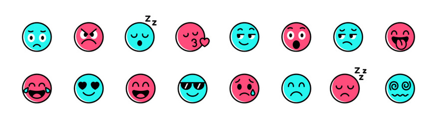 cartoon emoji set , facial expressions , teal and pink faces with emotions like sad, angry, sleepy, love, surprise, happy, cool, crying, and dizzy emoticons. for chat apps, stickers and social media
