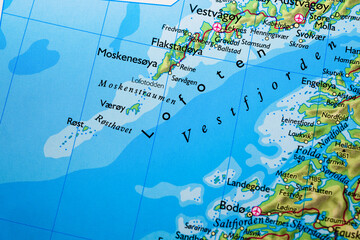 Close-up map view of Lofoten Islands.