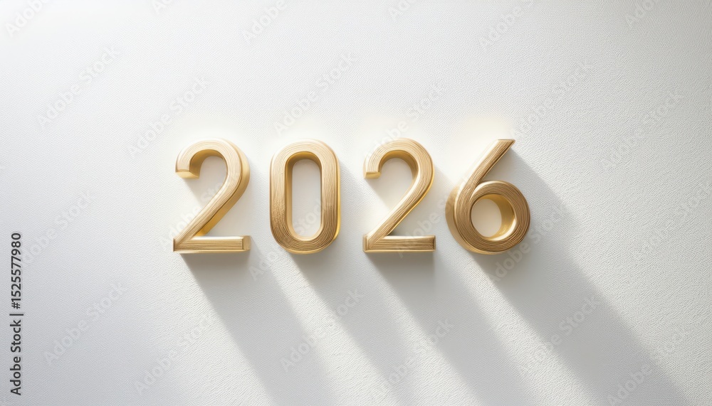 Poster golden 2026 number design casting elegant shadows on white textured wall, ideal for new year web ban