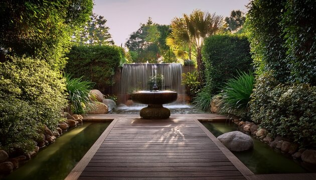 serene spa garden with cascading fountain lush greenery tranquil ambiance pathways retreat