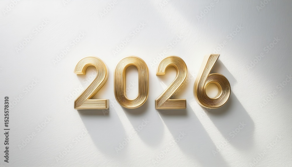 Poster golden 2026 number design casting elegant shadows on white textured wall, ideal for new year web ban