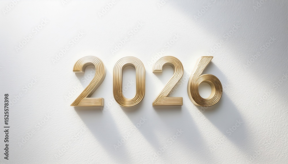 Poster golden 2026 number design casting elegant shadows on white textured wall, ideal for new year web ban