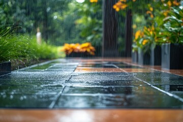Serene garden with gentle rain falling on plants and stone pathway in the early morning sunlight at a contemporary home