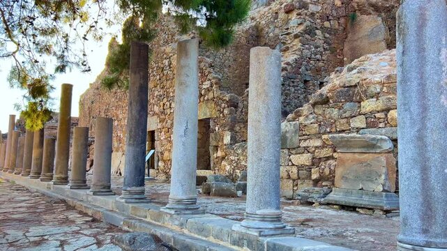Ruins of the ancient Roman port city of Siedra in Alanya, Antalya, Turkey. The street and ruins of the ancient abandoned ancient city of Siedra on the Mediterranean coast. 4К	