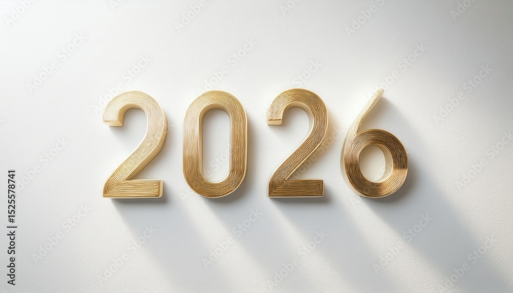 Poster golden 2026 number design casting elegant shadows on white textured wall, ideal for new year web ban
