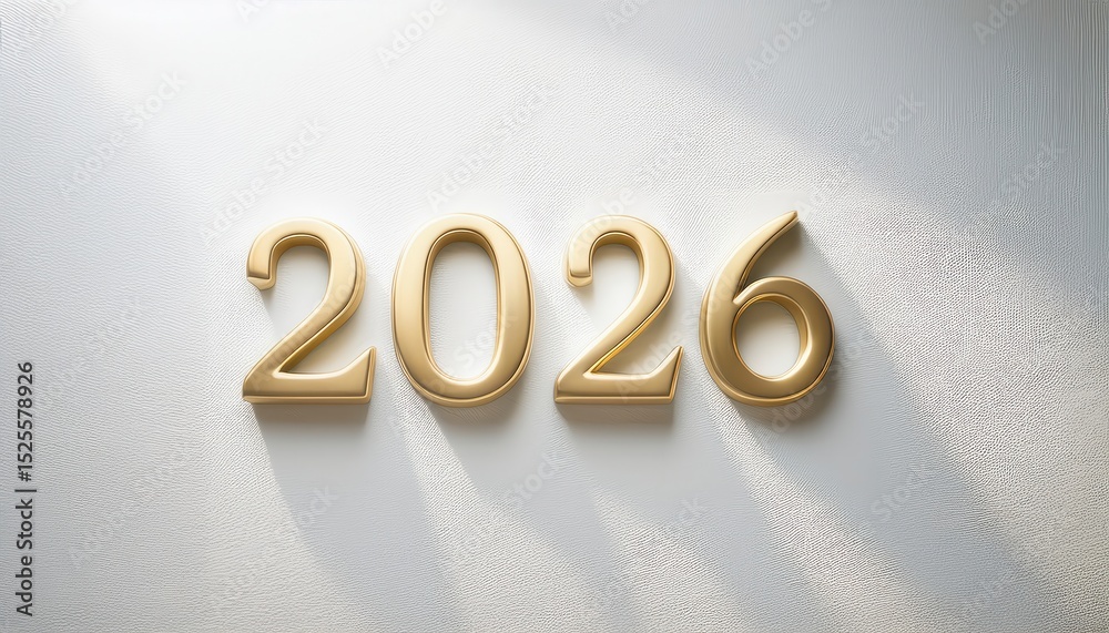 Poster golden 2026 number design casting elegant shadows on white textured wall, ideal for new year web ban