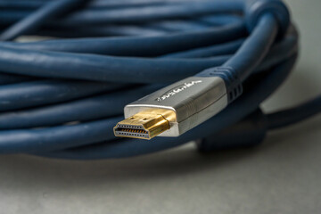 Close view of gold plated blue HDMI tip.