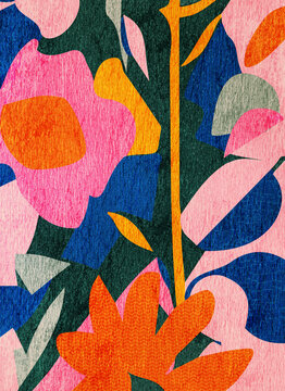 Garden of Unfinished Thoughts. Colorful abstract floral-inspired background with layered organic shapes, vibrant spring tones, and textured patterns evoking nature and blooming plants.
