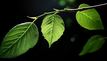 lush green leaves on a twig against stark black background with sharp lighting