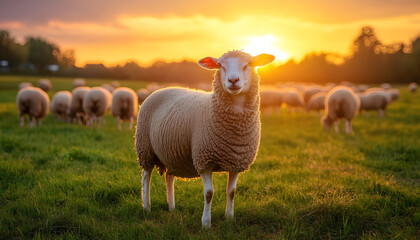 Fototapeta premium Flock Of Sheep Grazing In a Meadow at Sunset, Showcasing Animal Welfare and Sustainable Farming Practices