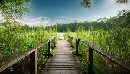 Fototapeta premium rustic wooden bridge pier stands amidst tall reeds in a tranquil forest lake image vegetation