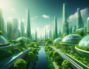futuristic sustainable green city concept of city of the future based on green energy and eco industry future city with skyscrapers and modern buildings