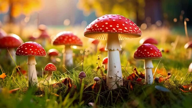 Enchanting woodland scene with red and white toadstool mushrooms sprouting from grassy ground on a sunny day in autumn.