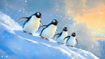 Fototapeta premium A family of penguins sliding on ice in the Arctic