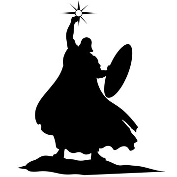 Silhouette of cleric with shield and holy aura on white, protection defense concept