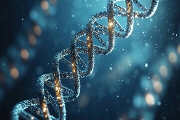 Close up of a metallic DNA double helix model with crystalline detail, on a dark background highlighted by shining particles.