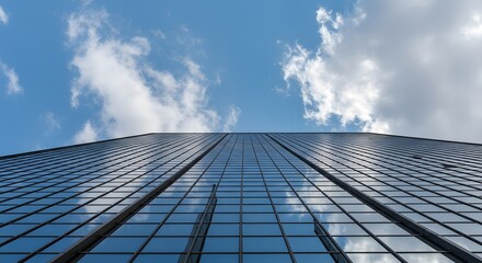 Stunning Skyscraper Architecture Glass Facade Reflecting Blue Sky and Clouds