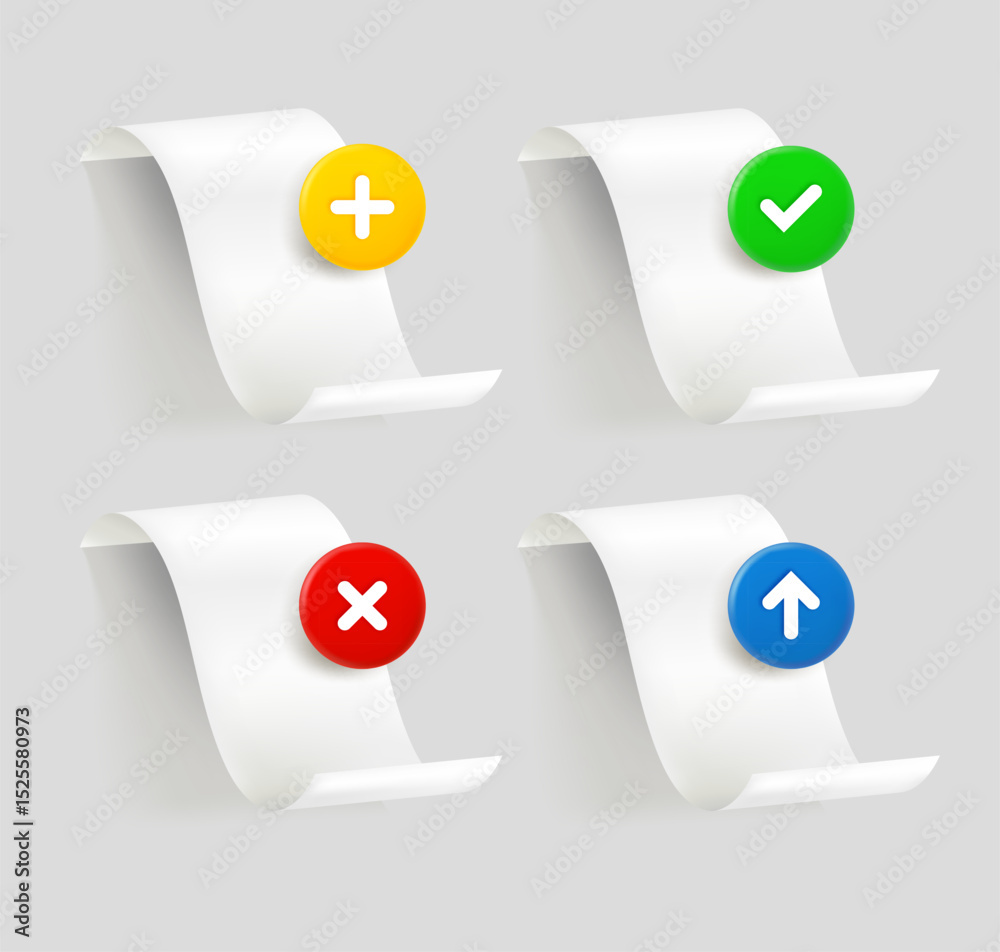 Poster Blank paper icon set with different pictograms. 3d vector icons collection