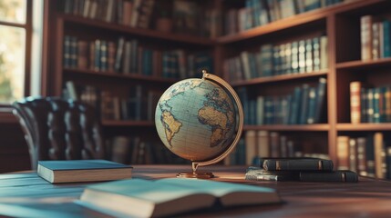 The image features a study scene in a library, with various books and a globe for geographical reference.