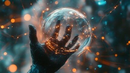 Fantasy magic, glowing spherical energy, hands reaching towards a nexus of power and cosmic energy.