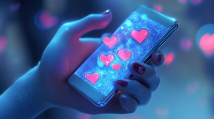 Hand holding lit up smartphone with hearts on the lock screen.