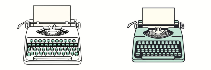 Vintage typewriters displaying classic design and contrasting colors on a neutral background in a creative workspace