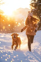 A woman running through snowy mountains with her dog, enjoying the winter scenery and snowfall.