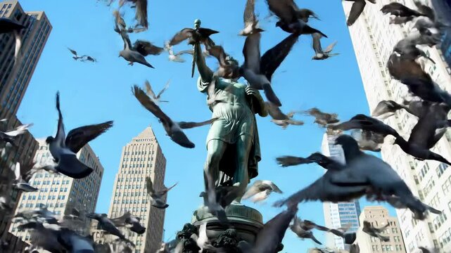 City statues and flying pigeons