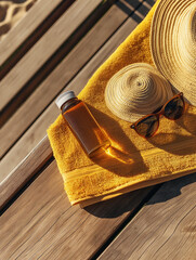 Beach Essentials Flat Lay with Towel, Straw Hat, Sunglasses, and Tanning Oil on Wooden Deck
