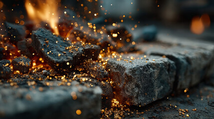 Smoke, sparks and fire particles, flying up embers and burning cinder. Vector realistic heat effect of flame in bonfire, from blacksmith works or hell isolated on transparent background