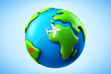 Air travel concept with aircraft and globe with map pin. 3d vector illustration