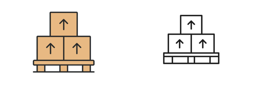 Stacked cardboard boxes on a wooden pallet with arrows indicating direction in a warehouse setting