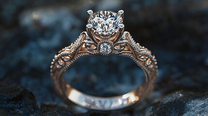 A stunning engagement ring with a diamond centerpiece and intricate band details